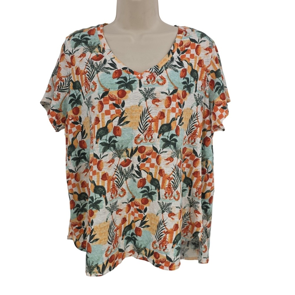 C&C California Shirt Womens 2X Multicolor Linen V Neck Tropical Print Tee Top
